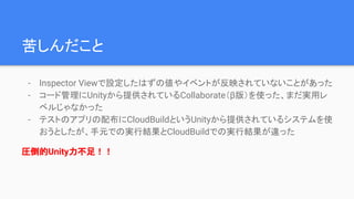 苦しんだこと
- Inspector Viewで設定したはずの値やイベントが反映されていないことがあった
- コード管理にUnityから提供されているCollaborate（β版）を使った、まだ実用レ
ベルじゃなかった
- テストのアプリの配布にCloudBuildというUnityから提供されているシステムを使
おうとしたが、手元での実行結果とCloudBuildでの実行結果が違った
圧倒的Unity力不足！！
 