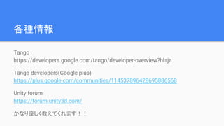 各種情報
Tango
https://developers.google.com/tango/developer-overview?hl=ja
Tango developers(Google plus)
https://plus.google.com/communities/114537896428695886568
Unity forum
https://forum.unity3d.com/
かなり優しく教えてくれます！！
 