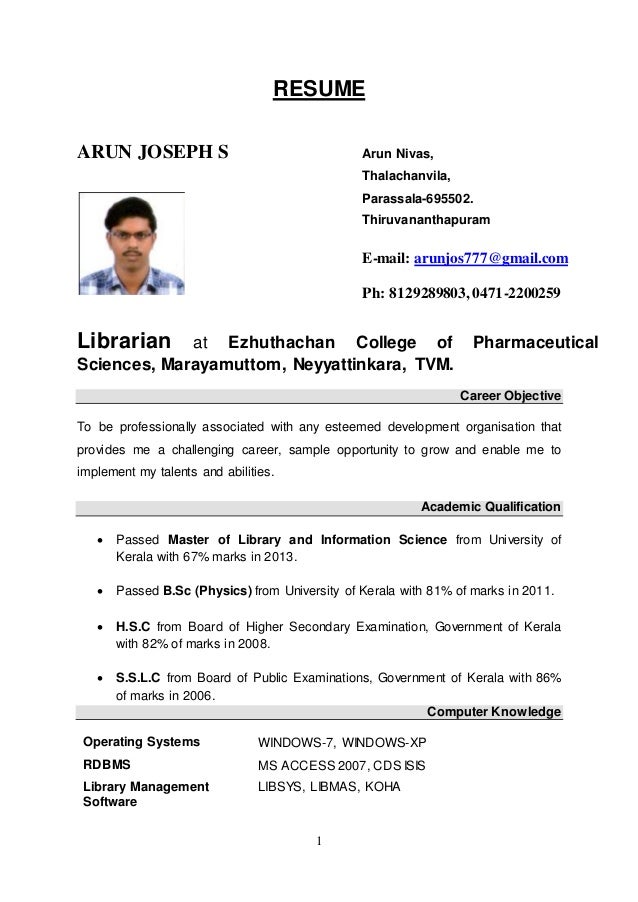 arun joseph resume sample medical librarian resume