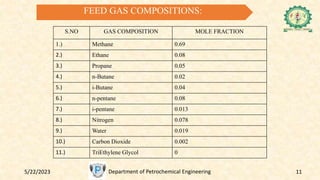 5/22/2023 Department of Petrochemical Engineering 11
FEED GAS COMPOSITIONS:
S.NO GAS COMPOSITION MOLE FRACTION
1.) Methane 0.69
2.) Ethane 0.08
3.) Propane 0.05
4.) n-Butane 0.02
5.) i-Butane 0.04
6.) n-pentane 0.08
7.) i-pentane 0.013
8.) Nitrogen 0.078
9.) Water 0.019
10.) Carbon Dioxide 0.002
11.) TriEthylene Glycol 0
 