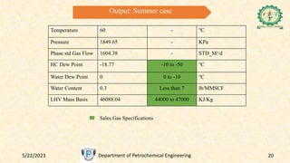 5/22/2023 Department of Petrochemical Engineering 20
Output: Summer case
Temperature 60 - ℃
Pressure 1849.65 - KPa
Phase std Gas Flow 1604.38 - STD_M³/d
HC Dew Point -18.77 -10 to -50 ℃
Water Dew Point 0 0 to -10 ℃
Water Content 0.3 Less than 7 lb/MMSCF
LHV Mass Basis 46088.04 44000 to 47000 KJ/Kg
Sales Gas Specifications
 