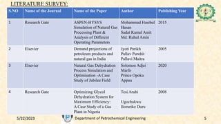 5/22/2023 Department of Petrochemical Engineering 5
LITERATURE SURVEY:
S.NO Name of the Journal Name of the Paper Author Publishing Year
1 Research Gate ASPEN-HYSYS
Simulation of Natural Gas
Processing Plant &
Analysis of Different
Operating Parameters
Mohammad Hasibul
Hasan
Sadat Kamal Amit
Md. Ruhul Amin
2015
2 Elsevier Demand projections of
petroleum products and
natural gas in India
Jyoti Parikh
Pallav Purohit
Pallavi Maitra
2005
3 Elsevier Natural Gas Dehydration
Process Simulation and
Optimisation -A Case
Study of Jubilee Field
Solomon Adjei
Marfo
Prince Opoku
Appau
2020
4 Research Gate Optimizing Glycol
Dehydration System for
Maximum Efficiency:
A Case Study of a Gas
Plant in Nigeria
Tesi Arubi
Ugochukwu
Ilozurike Duru
2008
 