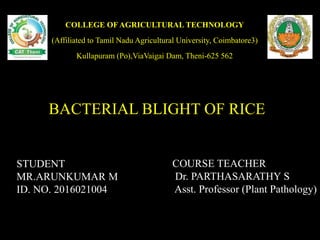 BACTERIAL BLIGHT OF RICE
COURSE TEACHER
Dr. PARTHASARATHY S
Asst. Professor (Plant Pathology)
STUDENT
MR.ARUNKUMAR M
ID. NO. 2016021004
COLLEGE OF AGRICULTURAL TECHNOLOGY
(Affiliated to Tamil Nadu Agricultural University, Coimbatore3)
Kullapuram (Po),ViaVaigai Dam, Theni-625 562
 