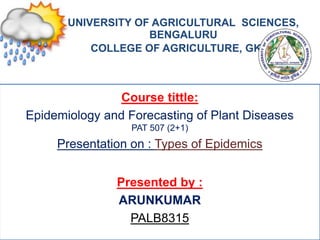 Course tittle:
Epidemiology and Forecasting of Plant Diseases
PAT 507 (2+1)
Presentation on : Types of Epidemics
Presented by :
ARUNKUMAR
PALB8315
UNIVERSITY OF AGRICULTURAL SCIENCES,
BENGALURU
COLLEGE OF AGRICULTURE, GKVK
 