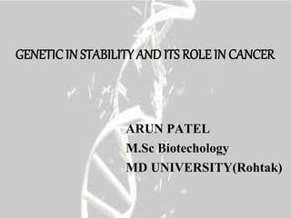 GENETICIN STABILITY AND ITS ROLE IN CANCER
ARUN PATEL
M.Sc Biotechology
MD UNIVERSITY(Rohtak)
 