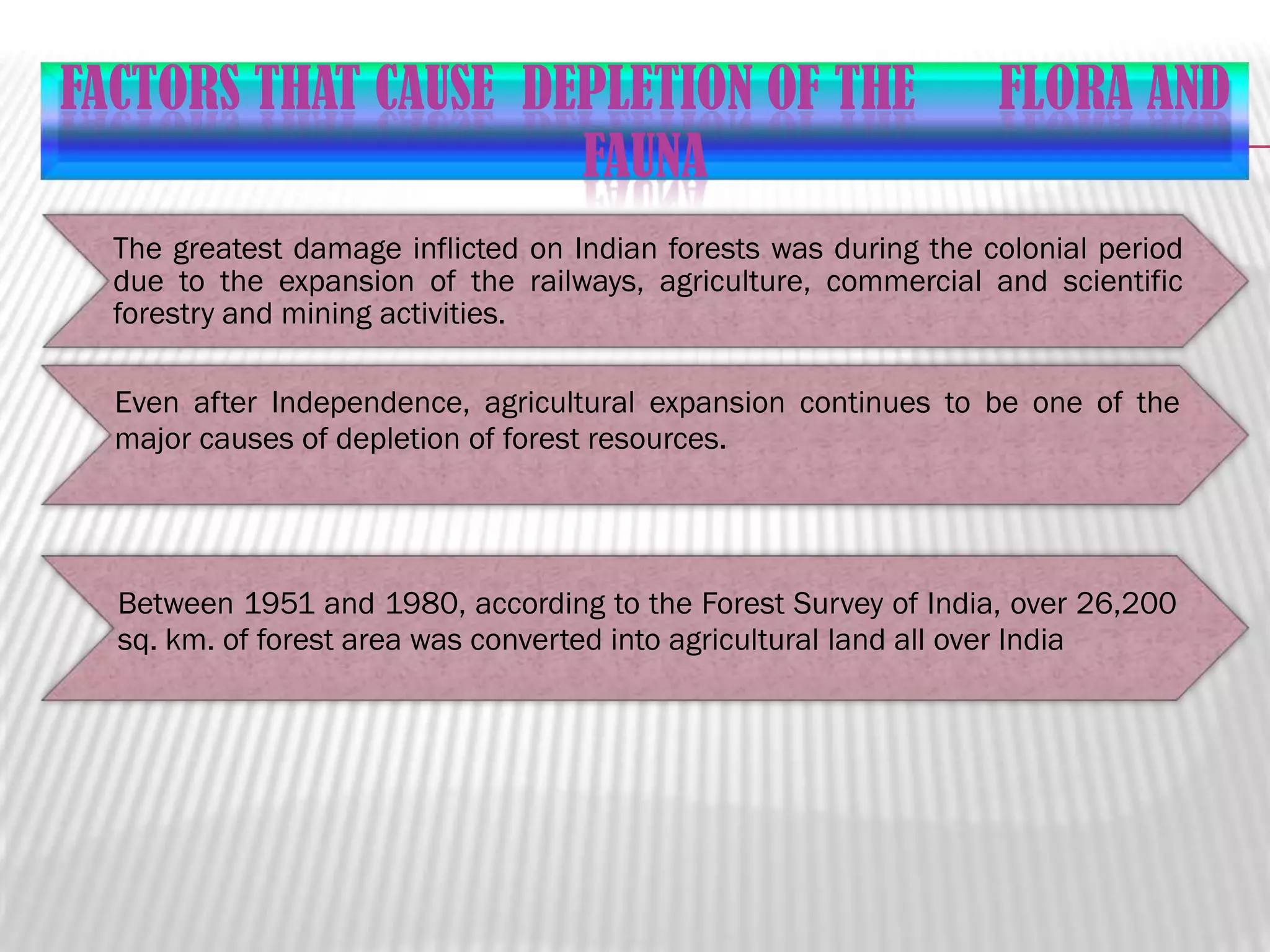 FACTORS THAT CAUSE DEPLETION OF THE
FAUNA

FLORA AND

The greatest damage inflicted on Indian forests was during the colonial period
due to the expansion of the railways, agriculture, commercial and scientific
forestry and mining activities.
Even after Independence, agricultural expansion continues to be one of the
major causes of depletion of forest resources.

Between 1951 and 1980, according to the Forest Survey of India, over 26,200
sq. km. of forest area was converted into agricultural land all over India

 