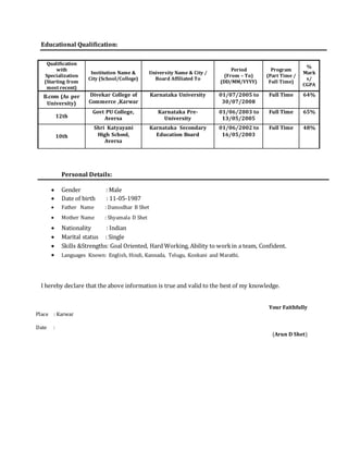 Educational Qualification:
Personal Details:
 Gender : Male
 Date of birth : 11-05-1987
 Father Name : Damodhar B Shet
 Mother Name : Shyamala D Shet
 Nationality : Indian
 Marital status : Single
 Skills &Strengths: Goal Oriented, Hard Working, Ability to workin a team, Confident.
 Languages Known: English, Hindi, Kannada, Telugu, Konkani and Marathi.
I hereby declare that the above information is true and valid to the best of my knowledge.
Your Faithfully
Place : Karwar
Date :
(Arun D Shet)
Qualification
with
Specialization
(Starting from
most recent)
Institution Name &
City (School/College)
University Name & City /
Board Affiliated To
Period
(From – To)
(DD/MM/YYYY)
Program
(Part Time /
Full Time)
%
Mark
s/
CGPA
B.com (As per
University)
Divekar College of
Commerce ,Karwar
Karnataka University 01/07/2005 to
30/07/2008
Full Time 64%
12th
Govt PU College,
Aversa
Karnataka Pre-
University
01/06/2003 to
13/05/2005
Full Time 65%
10th
Shri Katyayani
High School,
Aversa
Karnataka Secondary
Education Board
01/06/2002 to
16/05/2003
Full Time 48%
 