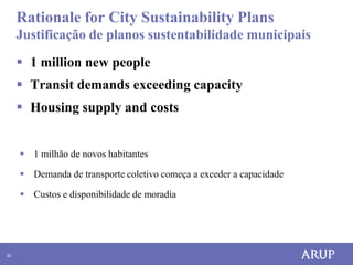 Rationale for City Sustainability Plans
     Justificação de planos sustentabilidade municipais

      1 million new people
      Transit demands exceeding capacity
      Housing supply and costs


      1 milhão de novos habitantes

      Demanda de transporte coletivo começa a exceder a capacidade

      Custos e disponibilidade de moradia




32
 