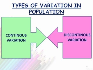 TYPES OF VARIATION IN
POPULATION
CONTINOUS
VARIATION
DISCONTINOUS
VARIATION
10
 