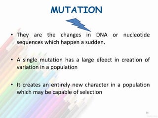 MUTATION
• They are the changes in DNA or nucleotide
sequences which happen a sudden.
• A single mutation has a large efeect in creation of
variation in a population
• It creates an entirely new character in a population
which may be capable of selection
16
 
