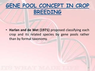 GENE POOL CONCEPT IN CROP
BREEDING
• Harlan and de Wet (1971) proposed classifying each
crop and its related species by gene pools rather
than by formal taxonomy.
27
 