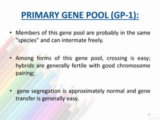 PRIMARY GENE POOL (GP-1):
• Members of this gene pool are probably in the same
"species" and can intermate freely.
• Among forms of this gene pool, crossing is easy;
hybrids are generally fertile with good chromosome
pairing;
• gene segregation is approximately normal and gene
transfer is generally easy.
32
 