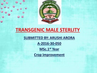 TRANSGENIC MALE STERLITY
SUBMITTED BY: ARUSHI ARORA
A-2016-30-050
MSc.1st Year
Crop improvement
 