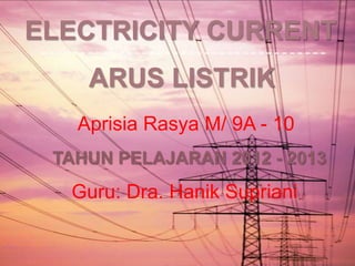 ELECTRICITY CURRENT
    ARUS LISTRIK
   Aprisia Rasya M/ 9A - 10
 TAHUN PELAJARAN 2012 - 2013
  Guru: Dra. Hanik Supriani
 