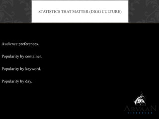 Audience preferences.
Popularity by container.
Popularity by keyword.
Popularity by day.
STATISTICS THAT MATTER (DIGG CULTURE)
 