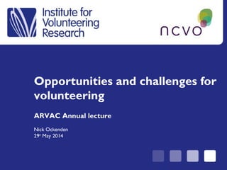 Opportunities and challenges for
volunteering
ARVAC Annual lecture
Nick Ockenden
29th
May 2014
 