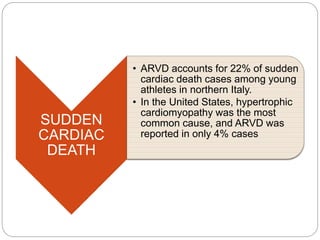 SUDDEN
CARDIAC
DEATH
• ARVD accounts for 22% of sudden
cardiac death cases among young
athletes in northern Italy.
• In the United States, hypertrophic
cardiomyopathy was the most
common cause, and ARVD was
reported in only 4% cases
 