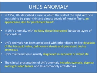 UHL’S ANOMALY
• In 1952, Uhl described a case in which the wall of the right ventricle
was said to be paper thin and almost devoid of muscle fibers, an
appearance akin to ‘parchment heart’.
• In Uhl’s anomaly, with no fatty tissue interposed between layers of
myocardium.
• Uhl’s anomaly has been associated with other disorders like dysplasia
of the tricuspid valve, pulmonary atresia and persistent ductus
arteriosus
• Uhl’s malformation is usually diagnosed in neonatal or infant life
• The clinical presentation of Uhl’s anomaly includes cyanosis, dypnea
and right-sided failure and less commonly arrhythmias.
 