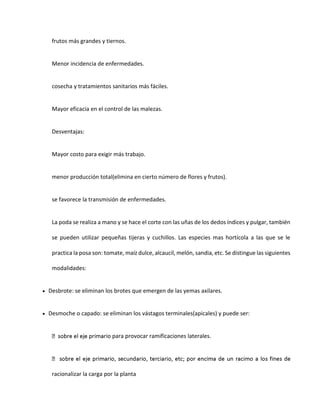 frutos más grandes y tiernos.
Menor incidencia de enfermedades.
cosecha y tratamientos sanitarios más fáciles.
Mayor eficacia en el control de las malezas.
Desventajas:
Mayor costo para exigir más trabajo.
menor producción total(elimina en cierto número de flores y frutos).
se favorece la transmisión de enfermedades.
La poda se realiza a mano y se hace el corte con las uñas de los dedos índices y pulgar, también
se pueden utilizar pequeñas tijeras y cuchillos. Las especies mas hortícola a las que se le
practica la posa son: tomate, maíz dulce, alcaucil, melón, sandia, etc. Se distingue las siguientes
modalidades:
 Desbrote: se eliminan los brotes que emergen de las yemas axilares.
 Desmoche o capado: se eliminan los vástagos terminales(apicales) y puede ser:
io para provocar ramificaciones laterales.
racionalizar la carga por la planta
 