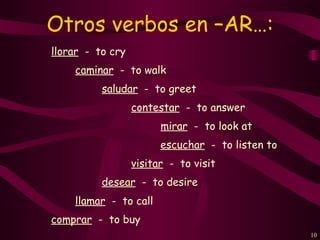 Otros verbos en –AR…:
llorar - to cry
    caminar - to walk
          saludar - to greet
                  contestar - to answer
                        mirar - to look at
                        escuchar - to listen to
                  visitar - to visit
          desear - to desire
    llamar - to call
comprar - to buy
                                                  10
 