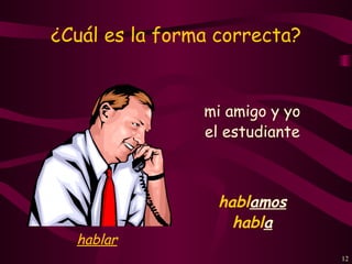 ¿Cuál es la forma correcta?


                mi amigo y yo
                el estudiante



                  hablamos
                    habla
  hablar
                                12
 