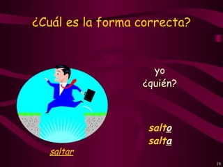 ¿Cuál es la forma correcta?


                    yo
                  ¿quién?



                   salto
                   salta
  saltar
                              16
 