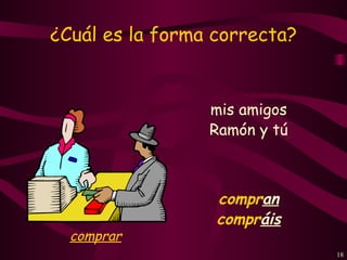 ¿Cuál es la forma correcta?


                 mis amigos
                 Ramón y tú



                  compran
                  compráis
  comprar
                              18
 