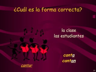 ¿Cuál es la forma correcta?


                   la clase
               las estudiantes



                    canta
                   cantan
  cantar
                                 19
 