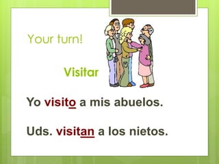 Your turn! 
Visitar 
Yo visito a mis abuelos. 
Uds. visitan a los nietos. 
 