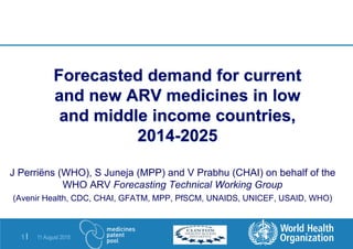 11 August 20151 |
Forecasted demand for current
and new ARV medicines in low
and middle income countries,
2014-2025
J Perriëns (WHO), S Juneja (MPP) and V Prabhu (CHAI) on behalf of the
WHO ARV Forecasting Technical Working Group
(Avenir Health, CDC, CHAI, GFATM, MPP, PfSCM, UNAIDS, UNICEF, USAID, WHO)
 