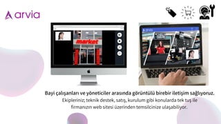 Bayi çalıs
̧ anları ve yöneticiler arasında görüntülü birebir iletis
̧ im sag
̆ lıyoruz.
Ekipleriniz; teknik destek, satış , kurulum gibi konularda tek tuş ile
firmanızın web sitesi üzerinden temsilcinize ulaş abiliyor.
 