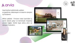 Gayrimenkul sektöründe uzaktan
ev gezdirme, dekorasyon ve tasarım süreçleri
için kullanılır.
White Labeled - Firmanın sitesi üzerinden iç
servis olarak çalış ır ve temsilciyle müş teriyi
anında bag
̆ lar. Veriler kayıt altına alınır ve
süreçleri hızlandırır.
 