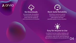 Rock-Solid Reliability
We deliver maximum uptime
and continuously optimized
video delivers the best
possible quality in every situation.
Easy for Anyone to Use
A unified UX across mobile, desktop, and
conference room endpoints delivers the
consistency, ease of use, and rich features
that will drive adoption and accelerate ROI.
No Downloads
No downloads. No problem.
Participants join meetings
easily with the simplicity
and convenience of a browser.
04
 