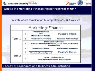What’s the Marketing-Finance Master Program at UM? A state of art combination & integration of M & F courses Skills Training Course: Excel Skills for Finance Professionals 6 Master’s Thesis Financial Product Development: A Marketing Finance Approach 5 Value-Based Marketing Behavioral Finance 4 Term 2 Skills Training Course:  Business Skills for Marketers/Excel Skills for Finance Professionals 3 Return on Relationships Institutional Investors 2 Master’s Thesis Shareholder Value  and  Market Based Assets   1 Term 1 Marketing-Finance 