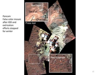 Pancam
False color mosaic
after IDD and
extrication
efforts stopped
for winter




                     22
 