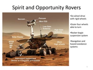 Spirit and Opportunity Rovers
                        •Six wheel drive
                        with rigid wheels

                        •Outer four wheels
                        able to turn

                        •Rocker-bogie
                        suspension system

                        •Navigation and
                        hazard avoidance
                        systems




                                            3
 