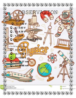 OBSERVATION
1. For thefirstreading :-
 Q.VI = 3.02 V
Q.VB = 0.63 V
Q.VC = 6.36 V
Q.IB = 9 μA
Q.IC = 3.22 mA = 3220 Μa
2. For the second reading :-
Q.VI = 8.29 V
Q.VB = 0.89 V
Q.VC = 0.03 V
Q.IB = 12.27 mA
Q.IC = 15.98 mA
 