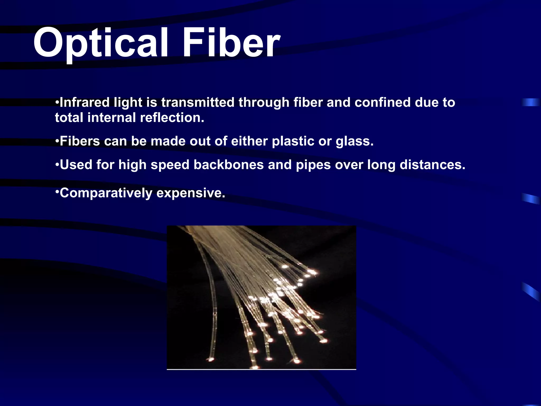 Infrared light is transmitted through fiber and confined due to total internal reflection. Fibers can be made out of either plastic or glass. Used for high speed backbones and pipes over long distances. Comparatively expensive.   Optical Fiber 