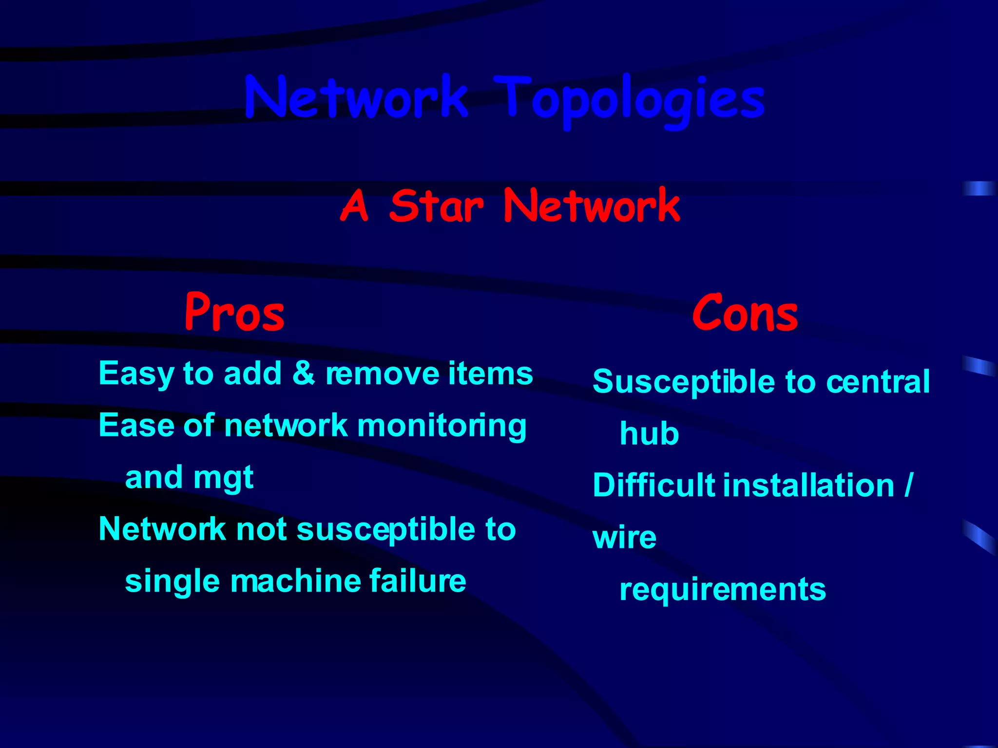 A Star Network Pros Cons Easy to add & remove items Ease of network monitoring and mgt Network not susceptible to single machine failure Susceptible to central hub Difficult installation / wire requirements Network Topologies 