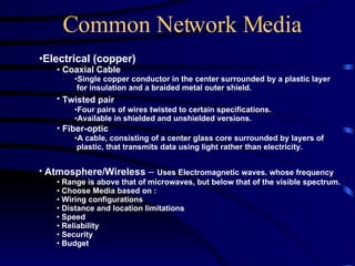 Common Network Media Electrical (copper)  Coaxial Cable Single copper conductor in the center surrounded by a plastic layer for insulation and a braided metal outer shield. Twisted pair   Four pairs of wires twisted to certain specifications.  Available in shielded and unshielded versions. Fiber-optic   A cable, consisting of a center glass core surrounded by layers of    plastic, that transmits data using light rather than electricity.  Atmosphere/Wireless  –   Uses Electromagnetic waves. whose frequency Range is above that of microwaves, but below that of the visible spectrum.  Choose Media based on : Wiring configurations  Distance and location limitations Speed  Reliability Security Budget 