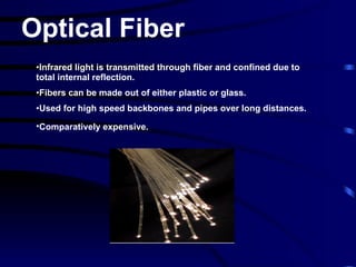 Infrared light is transmitted through fiber and confined due to total internal reflection. Fibers can be made out of either plastic or glass. Used for high speed backbones and pipes over long distances. Comparatively expensive.   Optical Fiber 