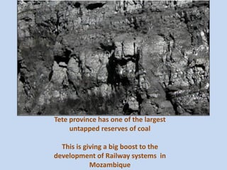 Tete province has one of the largest
untapped reserves of coal
This is giving a big boost to the
development of Railway systems in
Mozambique
 