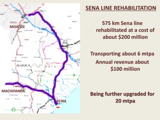 575 km Sena line
rehabilitated at a cost of
about $200 million
Transporting about 6 mtpa
Annual revenue about
$100 million
Being further upgraded for
20 mtpaBEIRA
MOATIZE
MACHIPANDA
SENA LINE REHABILITATION
 