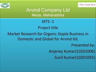 Arvind Company LtdAkola, Maharashtra  MTS -1  Project title  Market Research for Organic Staple Business in Domestic and Global for Arvind ltd.     Presented by: Anjaney Kumar(10201006)  Sunil Kumar(10201055)  1 