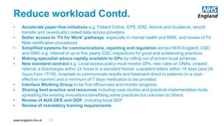 www.england.nhs.uk
Reduce workload Contd.
• Accelerate paper-free initiatives e.g. Patient Online, EPS, ERS, Advice and Guidance, record
transfer and (eventually) coded data across providers
• Better access to ‘Fit for Work’ pathways, especially in mental health and MSK, and review of Fit
Note certification procedures
• Simplified systems for communications, reporting and regulation across NHS England, CQC
and GMC e.g. interval of up to five yearly CQC inspections for good and outstanding practices
• Making specialist advice rapidly available to GPs by rolling out of proven local schemes
• New standard contract e.g. Local access policy must involve GPs, new rules on DNAs, onward
referral, e-Discharges within 24 hours in a standard format, outpatient letters within 14 days (and 24
hours from 17/18), hospitals to communicate results and treatment direct to patients (in a cost-
effective manner) and a minimum of 7 days medication to be provided.
• Interface Working Group to be find efficiencies and monitor progress.
• Sharing best practice and resources including case studies and practical implementation tools,
spreading the existing innovations benefitting some practices but unknown to others
• Review of AUA DES and QOF, including local QOF
• Review of mandatory training requirements
11
 