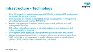 www.england.nhs.uk
Infrastructure - Technology
• Over 18 percent increase in allocations to CCGs for provision of IT services and
technology for general practice.
• Online access for patients to accredited clinical triage systems to help patients
when they feel unwell, such as 111 Online
• Actions to support practices offer patients more online self-care and self-
management services
• £45 million national programme to stimulate uptake of new technology and
online consultations systems
• Development of an approved Apps library to support clinicians and patients
• Actions to support the workload in practices reduce, and achieve a paper-free
NHS by 2020 e.g. improvements to e-referral system, Advice and Guidance
platform, EPS, transfer of records and other processes.
13
 