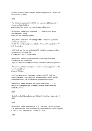 Board of Directors of the company with his designation as Director and
Chief Financial Officer.
2003
-For the fourth quarter, Arvind Mills has witnessed 280% growth in
the net profit to Rs.38crs
as against Rs.10cr for the corresponding period last year.
-Arvind Mills Ltd has been assigned a 'P1+' rating by Crisil, which
indicates a very strong
rating for their commercial paper.
-The Union Government refused to grant tax concession applicable
under Indo-Mauritius
Double Tax Avoidance Agreement to the Arvind Mill's plan to form JV
with Ganesh Ltd.
-ICICI Bank, one the warrant holder of Arvind Mills have executed its
entitlement of its conversion
of its warrants into its equity shares.
-Arvind Mills Ltd informed its members that trading in Secured
Redeemable Non convertible
Triple plus debentures of Rs.1000 each series N3 has been suspended.
-Mr.Ramnik V Bhimani, Company Secretary has been appointed as the
Compliance Officer
ofArvind Mills Ltd.
-ICICI Emerging Sector, the private equity arm of ICICI Bank, has
acquired a 54 per cent stake in the Bangalore-based Arvind Brands,
the apparel arm of the Sanjay Lalbhai-promoted Arvind Mills,
-Arvind Mills Ltd has informed that they have acquired 12,61,233
shares amounting to 1.56% of the total paid up capital of Arvind
Products Limited.
2004
-Delist from Delhi Stock Exchange (DSE) with effect from September 2,
2004
2007
-Arvind Mills Ltd has appointed Mr. G M Yadwadkar, General Manager,
IDBI, Ahmedabad as their Nominee Director on the Board of the Company
in place of Mr. V K Panditw.e.f. October 25, 2007.
2008

 