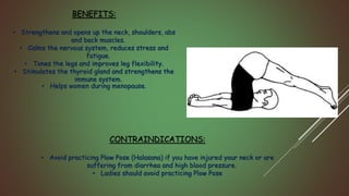 BENEFITS:
• Strengthens and opens up the neck, shoulders, abs
and back muscles.
• Calms the nervous system, reduces stress and
fatigue.
• Tones the legs and improves leg flexibility.
• Stimulates the thyroid gland and strengthens the
immune system.
• Helps women during menopause.
CONTRAINDICATIONS:
• Avoid practicing Plow Pose (Halasana) if you have injured your neck or are
suffering from diarrhea and high blood pressure.
• Ladies should avoid practicing Plow Pose
 