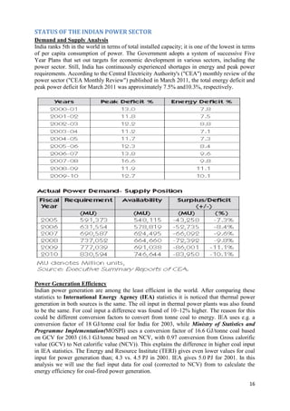 STATUS OF THE INDIAN POWER SECTOR
Demand and Supply Analysis
India ranks 5th in the world in terms of total installed capacity; it is one of the lowest in terms
of per capita consumption of power. The Government adopts a system of successive Five
Year Plans that set out targets for economic development in various sectors, including the
power sector. Still, India has continuously experienced shortages in energy and peak power
requirements. According to the Central Electricity Authority's ("CEA") monthly review of the
power sector ("CEA Monthly Review") published in March 2011, the total energy deficit and
peak power deficit for March 2011 was approximately 7.5% and10.3%, respectively.




Power Generation Efficiency
Indian power generation are among the least efficient in the world. After comparing these
statistics to International Energy Agency (IEA) statistics it is noticed that thermal power
generation in both sources is the same. The oil input in thermal power plants was also found
to be the same. For coal input a difference was found of 10–12% higher. The reason for this
could be different conversion factors to convert from tonne coal to energy. IEA uses e.g. a
conversion factor of 18 GJ/tonne coal for India for 2003, while Ministry of Statistics and
Programme Implementation(MOSPI) uses a conversion factor of 16.6 GJ/tonne coal based
on GCV for 2003 (16.1 GJ/tonne based on NCV, with 0.97 conversion from Gross calorific
value (GCV) to Net calorific value (NCV)). This explains the difference in higher coal input
in IEA statistics. The Energy and Resource Institute (TERI) gives even lower values for coal
input for power generation than; 4.3 vs. 4.5 PJ in 2001. IEA gives 5.0 PJ for 2001. In this
analysis we will use the fuel input data for coal (corrected to NCV) from to calculate the
energy efficiency for coal-fired power generation.

                                                                                                16
 