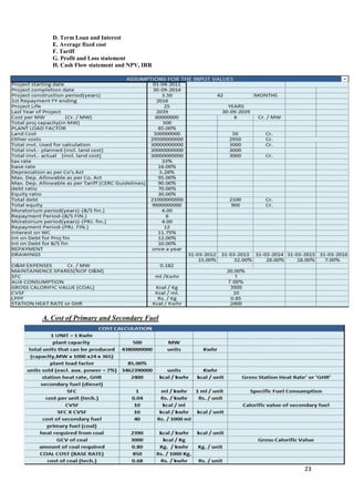 D. Term Loan and Interest
   E. Average fixed cost
   F. Tariff
   G. Profit and Loss statement
   H. Cash Flow statement and NPV, IRR




A. Cost of Primary and Secondary Fuel




                                         23
 